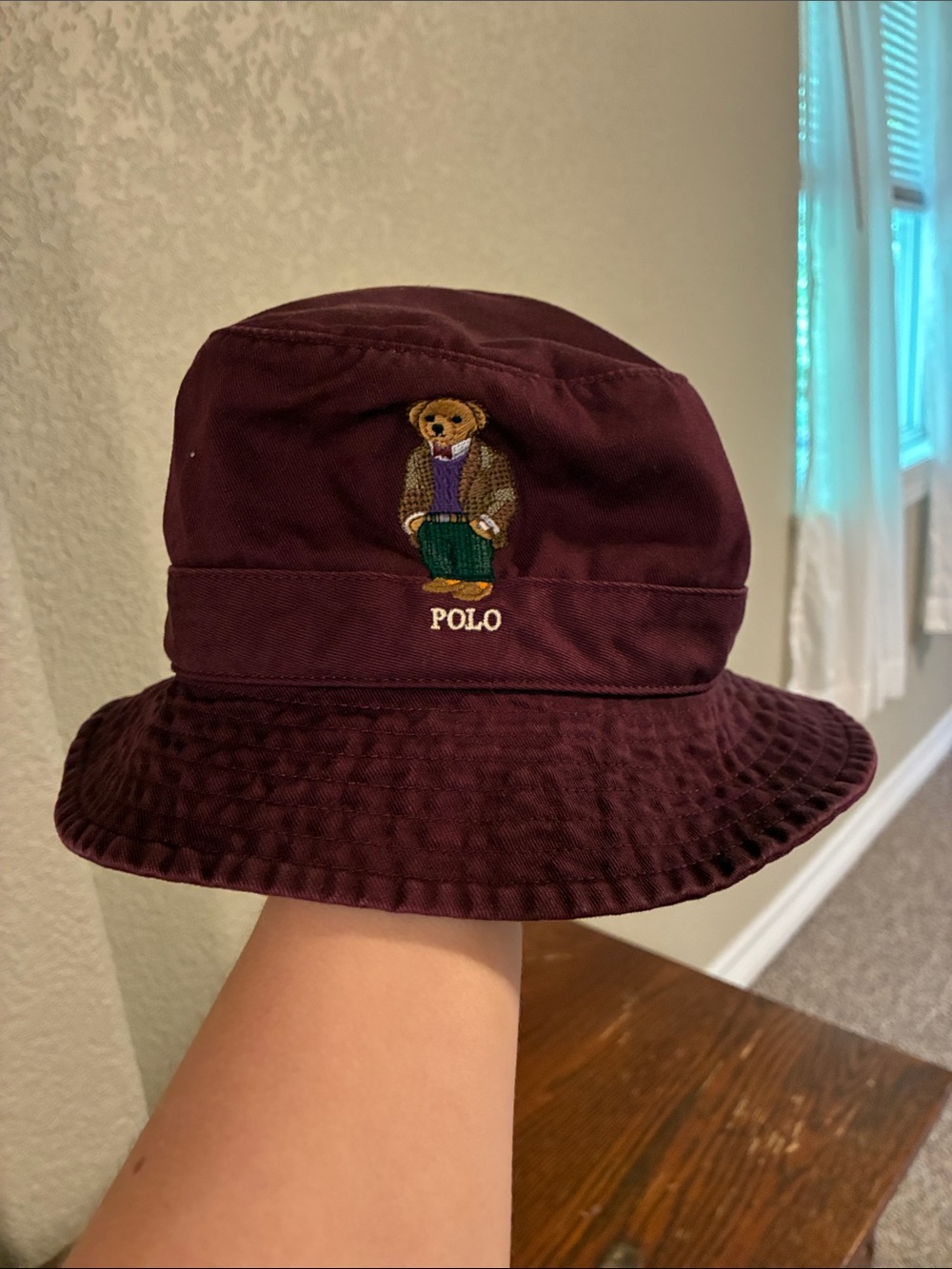 Polo by Ralph Lauren Burgundy Bucket Hat with Embroidered Bear - Picture 5 of 5